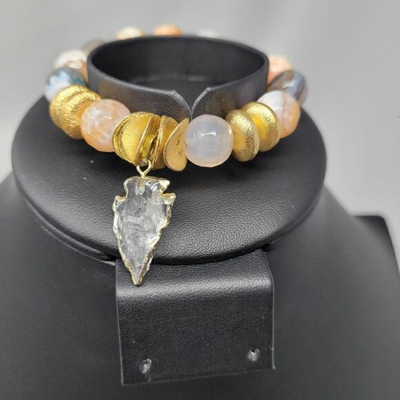 Tourmaline Pastel Beaded Stretch Bracelet Quartz Arrowhead Pendant Healing Gift - Picture 12 of 12